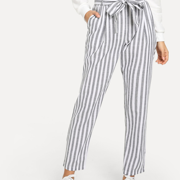 Mid Waist Pinstripe High Waisted Drawstring Pants - Picture 3 of 4